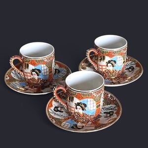 3 VINTAGE Moriage Gold Gilded JAPANESE Geisha LITHOPHANE Demitasse Cup & Saucer
